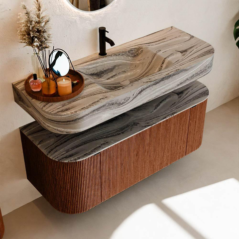 MONDIAZ THOR-DLUX 120cm meuble de salle de bains arrondi gauche + droite couleur Ruby avec 1 tiroir et 2 portes. Vasque suspendue CLOUD Milieu 1 trou de robinet couleur Sombra. SW1463676