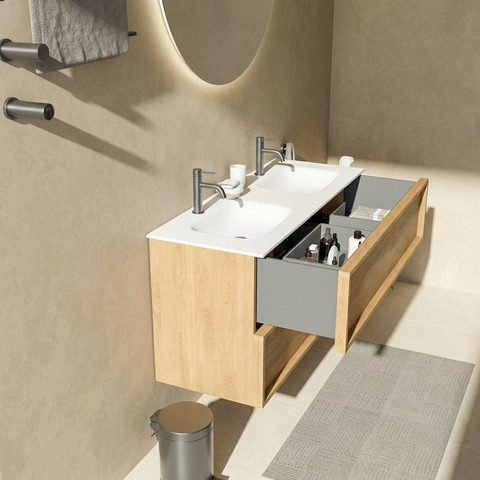 Saniclass Holz Frame Ensemble de meubles de salle de bains - 120x45x61.5cm - Flow lavabo en solid surface blanc - 2 vasques - 2 trous de robinet - 2 tiroirs - chêne natural mat (bois) SW1579785