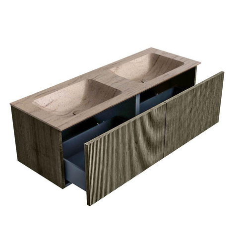 MONDIAZ KURVE-DLUX 130cm badmeubel kleur Shadow met 2 lades en 0 deuren. Wastafel LEAF Dubbel 2 kraangaten Saba. SW1433280