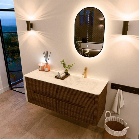 Mondiaz CIRO-DLUX Ensemble de meubles de salle de bains - 130x45x50cm - plan-vasque solid surface Opalo - 1 lavabo à droite - 1 trou de robinet - 4 tiroirs - Dusk SW1532948