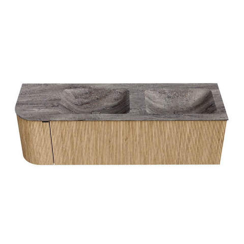 MONDIAZ KURVE-DLUX Meuble de salle de bains 145cm arrondi à gauche couleur Oak avec 1 tiroir et 1 porte. Lavabo LEAF Double / Droite sans trou de robinet Oza. SW1432674