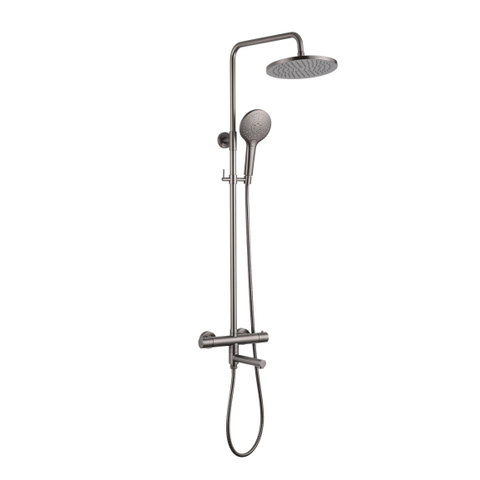 Fortifura Calvi Regendoucheset - thermostatisch - 25cm hoofddouche - metalen slang - ronde handdouche - draaibare baduitloop - Geborsteld Gunmetal PVD SW1592508