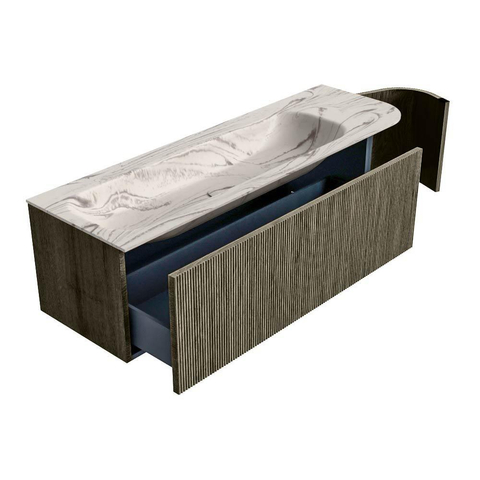 MONDIAZ KURVE-DLUX 145cm badmeubel ronding Rechts kleur Shadow met 1 lade en 1 deur. Wastafel BIG LARGE Links zonder kraangat Nata. SW1432297