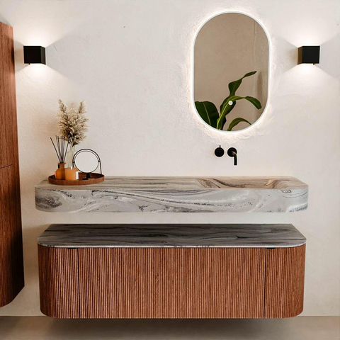 MONDIAZ THOR-DLUX 150cm meuble de salle de bains arrondi gauche + droite couleur Ruby avec 1 tiroir et 2 portes. Vasque suspendue CLOUD Droite sans trou de robinet couleur Sombra. SW1464900