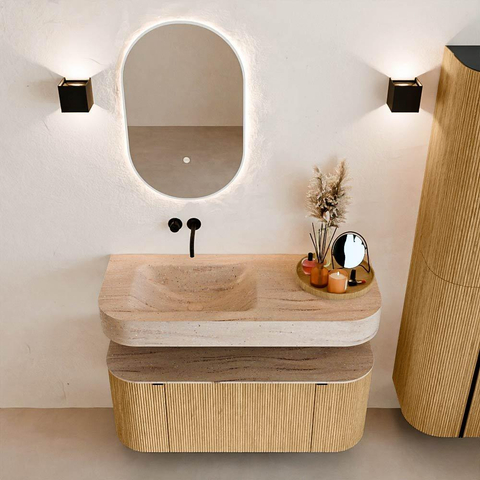 MONDIAZ THOR-DLUX 110cm meuble de salle de bains arrondi gauche + droite couleur Oak avec 1 tiroir et 2 portes. Vasque suspendue CLOUD Gauche sans trou de robinet couleur Saba. SW1463002