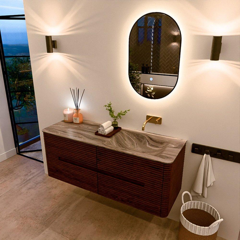 Mondiaz CIRO-DLUX Badkamermeubelset - 130x45x50cm - Solid surface wastafel Sombra - 1 wasbak Rechts - zonder kraangaten - 4 lades - Ruby SW1531966