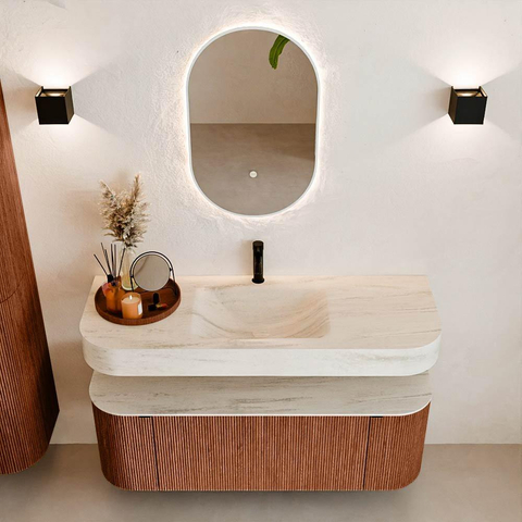 MONDIAZ THOR-DLUX Meuble de salle de bains 130cm arrondi gauche + droite couleur Ruby avec 1 tiroir et 2 portes. Vasque suspendue CLOUD Milieu 1 trou de robinet couleur Meli. SW1463844
