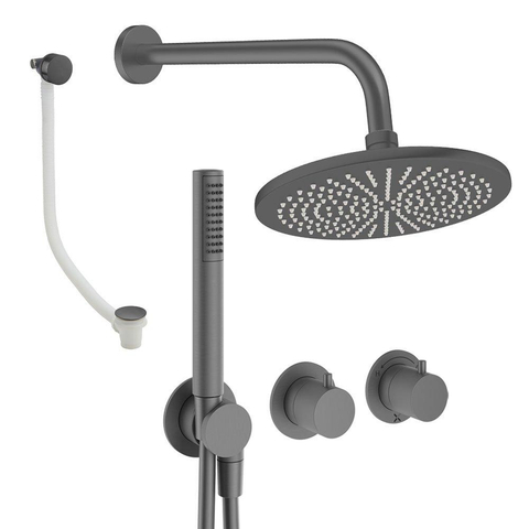 Crosswater MODULE Regendoucheset inbouw - 2 hendels - badafvoer - 30cm douchekop - handdouche - wandarm - slate gunmetal (antraciet) SW1472463