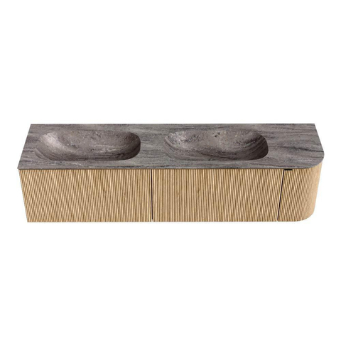 MONDIAZ KURVE-DLUX 175cm meuble de salle de bains arrondi Droite couleur Chêne avec 2 tiroirs et 1 porte. Lavabo STOR SMALL Double / Gauche sans trou de robinet Oza. SW1432690