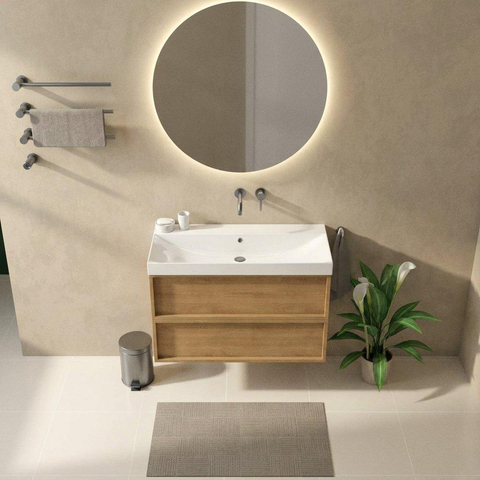 Saniclass Holz Frame Badkamermeubelset - 100x45x67.5cm - Wave keramische wastafel - 1 wasbak - zonder kraangat - 2 lades - mat eiken natural (hout) SW1579756