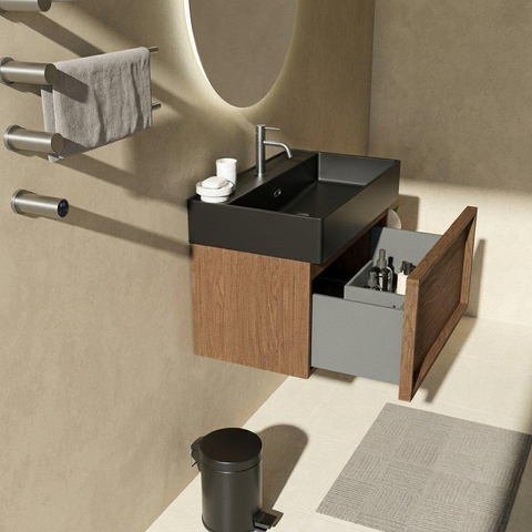 Saniclass Holz Frame Badkamermeubelset - 80x45x52cm - Legend keramische wastafel mat zwart - 1 wasbak - 1 kraangat - 1 lade - mat walnut pure (hout) SW1579688