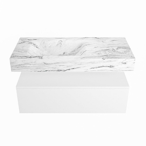 Mondiaz ALAN-DLUX Ensemble de meuble - 100cm - meuble Talc mat - 1 tiroir - Lavabo Cloud Glace suspendu - vasque Gauche - 1 trou de robinet SW805007