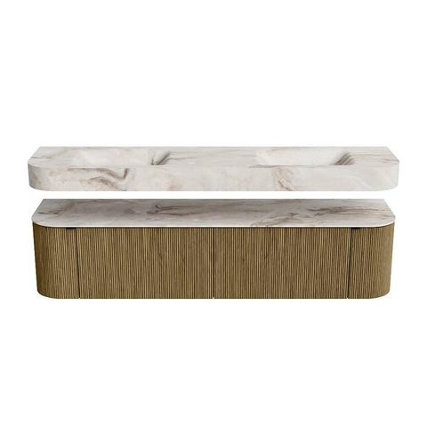 MONDIAZ THOR-DLUX 190cm meuble de salle de bains arrondi gauche + droite couleur Dusk avec 2 tiroirs et 2 portes. Vasque suspendue CLOUD Double 2 trous de robinet couleur Frappe. SW1466455