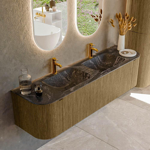Mondiaz KURVE-DLUX Ensemble de meubles de salle de bains - 170x46x40cm - 1 tiroir - 2 portes - vasque solid surface - double - 2 trous de robinet - Dusk SW1415555