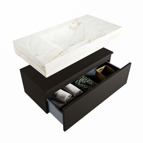 Mondiaz ALAN-DLUX Ensemble de meuble - 90cm - meuble Urban mat - 1 tiroir - Lavabo Cloud Frappe suspendu - vasque Centre - 0 trous de robinet SW805592