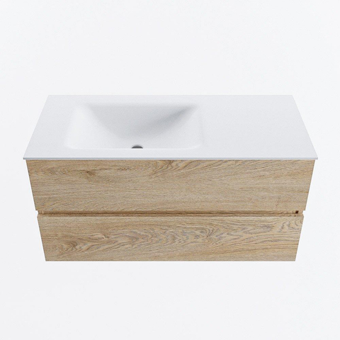 MONDIAZ VICA meuble sous lavabo 100cm Chêne blanchi 2 tiroirs. Lavabo CLOUD gauche 1 trou de robinet, couleur Talc. SW1381947