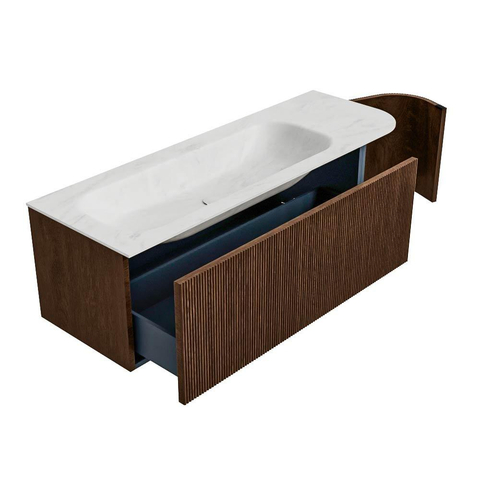 MONDIAZ KURVE-DLUX meuble de salle de bains 135 cm avec module 25 R couleur Walnut avec 1 tiroir et 1 porte. Lavabo BIG MEDIUM gauche 1 trou de robinet couleur Opalo. SW1137722