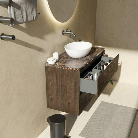 Saniclass Holz Pure Badkamermeubelset - 100x45x63cm - Noche natuurstenen topblad dark emperador - zonder kraangat - 2 lades - mat eiken charcoal (hout) SW1478276