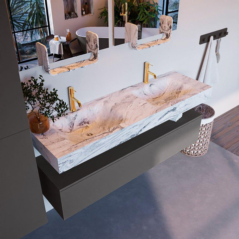 Mondiaz ALAN-DLUX Ensemble de meuble - 150cm - meuble Dark grey mat - 1 tiroir - Lavabo Cloud Glace suspendu - vasque Gauche et droite - 2 trous de robinet SW805615