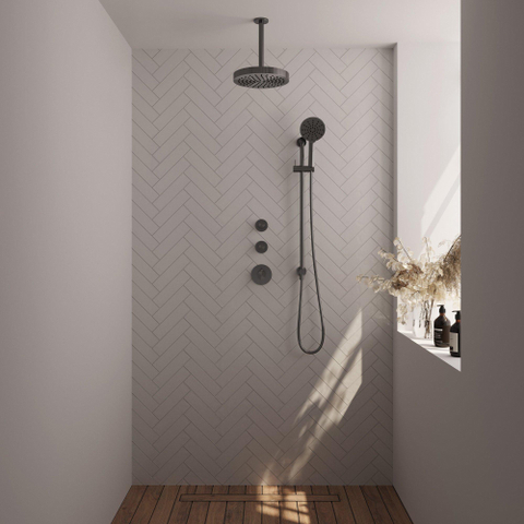 BRAUER Stripe Thermostatische Inbouw Regendouche - SET 12 - 25cm douchekop - plafondarm - 3-standen handdouche - doucheslang - geïntegreerde glijstang - gunmetal geborsteld PVD SW1435003