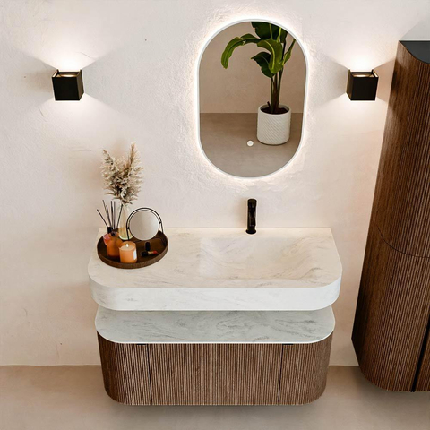 MONDIAZ THOR-DLUX 110cm badmeubel ronding links + rechts kleur Walnut met 1 lade en 2 deuren. Vrijhangende wastafel CLOUD Rechts 1 kraangat kleur Opalo. SW1462801