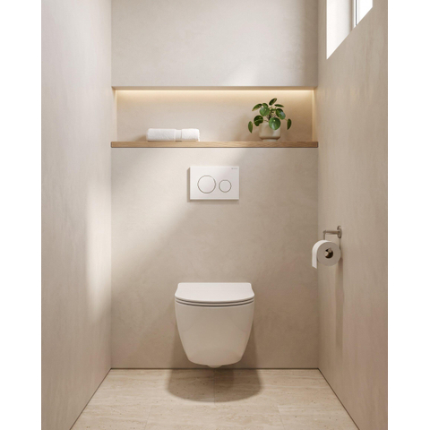QeramiQ Dely Swirl Compact Toiletset - inbouwreservoir Geberit UP320 - met Burda frame - slim zitting - kunststof bedieningsplaat glans wit - ronde knoppen - glans wit SW1591099