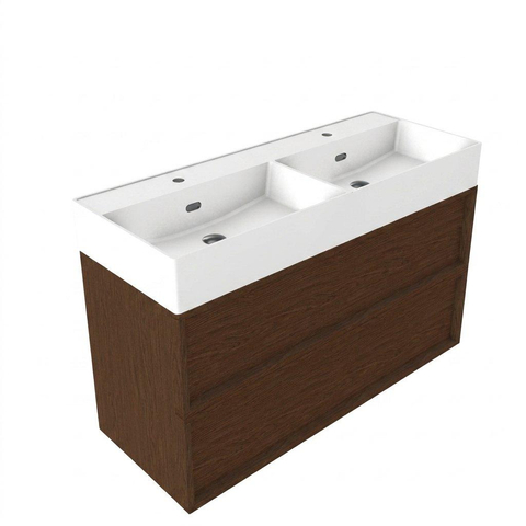 Saniclass Holz Frame Badkamermeubelset - 120x45x72cm - Legend keramische wastafel mat wit - 2 wasbakken - 2 kraangaten - 2 lades - mat walnut pure (hout) SW1580088