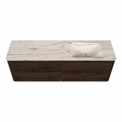 Mondiaz CIRO-DLUX Badkamermeubelset - 160x45x50cm - Solid surface wastafel Nata - 1 wasbak Rechts - 1 kraangat - 4 lades - Walnut SW1530576