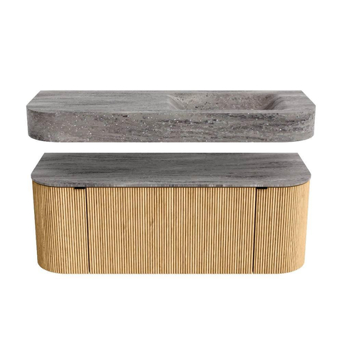 MONDIAZ THOR-DLUX Meuble de salle de bains 120cm arrondi gauche + droite couleur Oak avec 1 tiroir et 2 portes. Vasque suspendue CLOUD Droite 1 trou de robinet couleur Oza. SW1463398