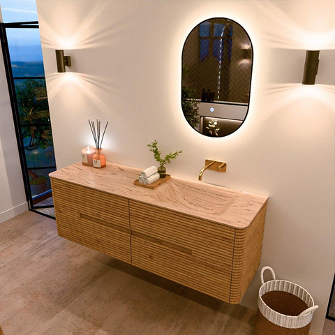 Mondiaz CIRO-DLUX Meuble de salle de bains - 150x45x50cm - Plan vasque solid surface Arena - 1 vasque à droite - sans trous de robinetterie - 4 tiroirs - Chêne SW1531351
