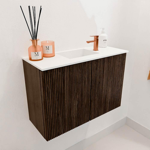 Mondiaz JOYA 60cm meuble de salle de bains - couleur Walnut - Vasque FAYE position Milieu 1 trou de robinet couleur Talc. SW1421256