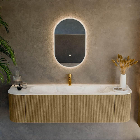 Mondiaz KURVE-DLUX Ensemble de meubles de salle de bains - 170x46x40cm - 1 tiroir - 2 portes - lavabo solid surface - centré - 1 trou de robinet - Dusk SW1415169