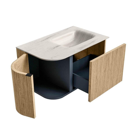 MONDIAZ KURVE-DLUX 75cm badmeubel ronding Links kleur Oak met 1 lade en 1 deur. Wastafel GRUNNE Rechts 1 kraangat Meli. SW1431589