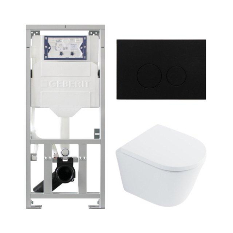 QeramiQ Dely Toiletset - 36.3x51.7cm - diepspoel - rimless - Geberit UP320 inbouwreservoir - met Burda frame - softclose toilet zitting - 35mm - metaal mat zwarte bedieningsplaat - ronde knoppen - glans wit SW1222083