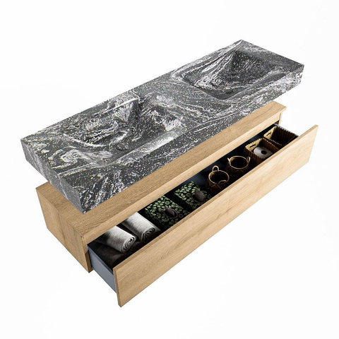 Mondiaz ALAN-DLUX Ensemble de meuble - 150cm - meuble Washed Oak mat - 1 tiroir - Lavabo Cloud Lava suspendu - vasque Gauche et droite - 2 trous de robinet SW808890