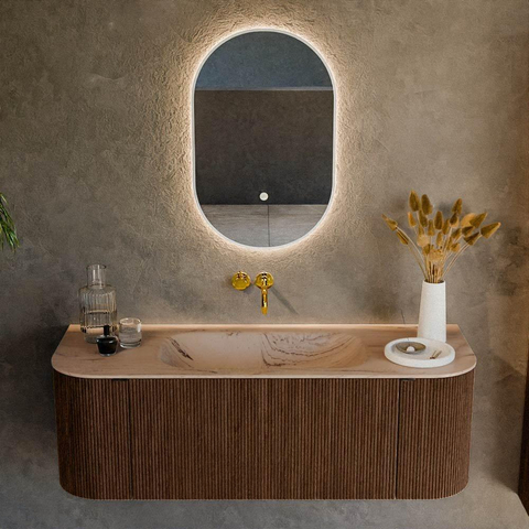 MONDIAZ KURVE-DLUX Meuble de salle de bains 130cm arrondi Gauche + Droite couleur Walnut avec 1 tiroir et 2 portes. Vasque BIG SMALL Centre sans trou de robinet Arena. SW1431183