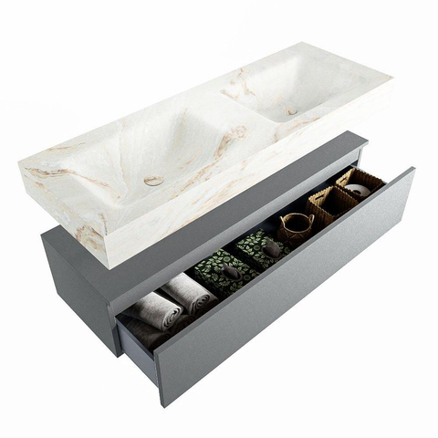 Mondiaz ALAN-DLUX Ensemble de meuble - 130cm - meuble Plata mat - 1 tiroir - Lavabo Cloud Frappe suspendu - vasque Gauche et droite - 2 trous de robinet SW805066