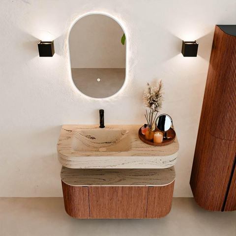 MONDIAZ THOR-DLUX 100cm meuble de salle de bains arrondi gauche + droite couleur Ruby avec 1 tiroir et 2 portes. Vasque suspendue CLOUD Gauche 1 trou de robinet couleur Arena. SW1467460
