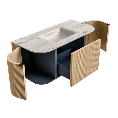 MONDIAZ KURVE-DLUX Meuble de salle de bains 100cm arrondi Gauche + Droite couleur Chêne avec 1 tiroir et 2 portes. Lavabo GRUNNE Central sans trou de robinet Nata. SW1432051