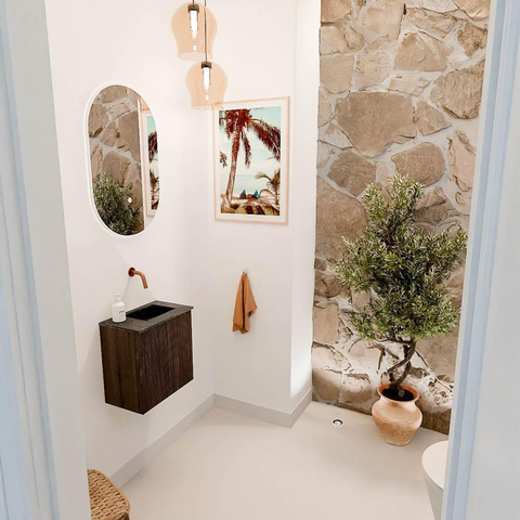Mondiaz JOYA-DLUX 40cm toiletmeubel - kleur Walnut - Wastafel FAYE positie Rechts Zonder kraangat kleur Lava. SW1422412