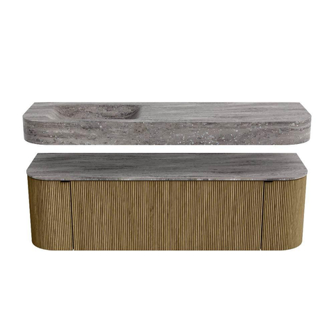 MONDIAZ THOR-DLUX 150cm meuble de salle de bains arrondi gauche + droite couleur Dusk avec 1 tiroir et 2 portes. Vasque suspendue CLOUD Gauche sans trou de robinet couleur Oza. SW1464853