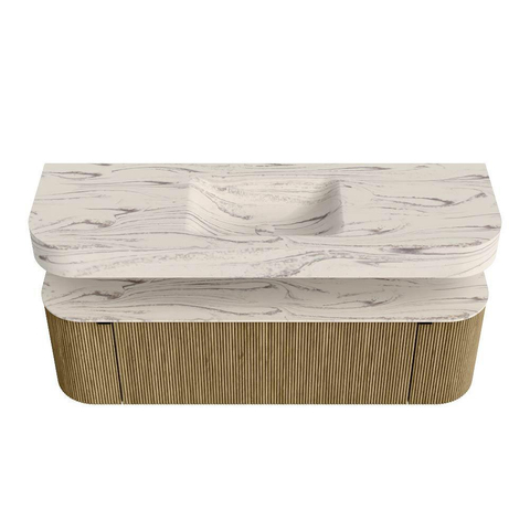 MONDIAZ THOR-DLUX 150cm meuble de salle de bains arrondi gauche + droite couleur Dusk avec 1 tiroir et 2 portes. Vasque suspendue CLOUD Milieu sans trou de robinet couleur Nata. SW1464818