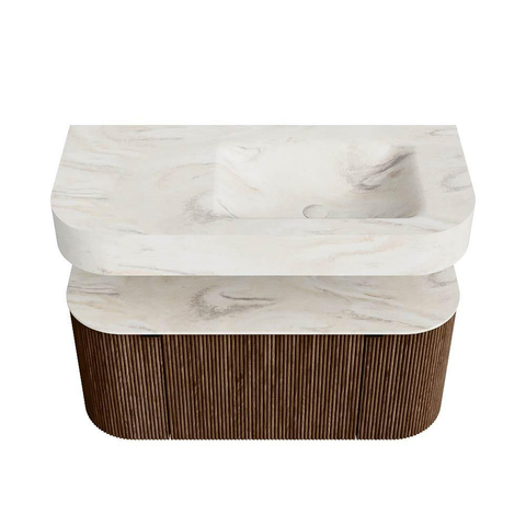 MONDIAZ THOR-DLUX 100cm meuble de salle de bains arrondi gauche + droite couleur Walnut avec 1 tiroir et 2 portes. Vasque suspendue CLOUD droite sans trou de robinet couleur Ostra. SW1467378
