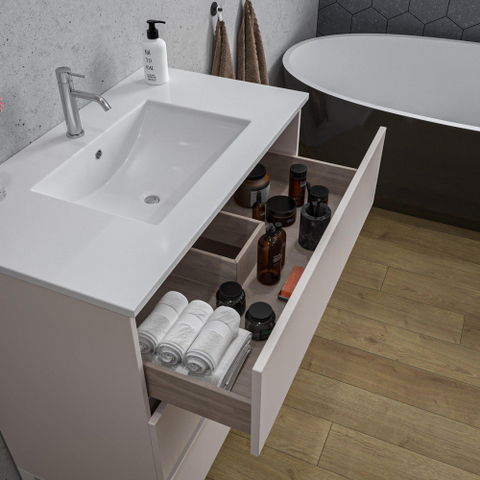 Saniclass Chaci PLUS Meuble de salle de bain - 80x86x46cm - lavabo en céramique blanc - 1 vasque - 1 trou de robinet - 3 tiroirs - miroir rectangulaire - mat cotton (beige) SW1182406