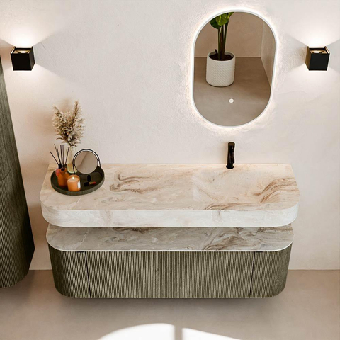 MONDIAZ THOR-DLUX 150cm badmeubel ronding links + rechts kleur Shadow met 1 lade en 2 deuren. Vrijhangende wastafel CLOUD Rechts 1 kraangat kleur Frappe. SW1464665