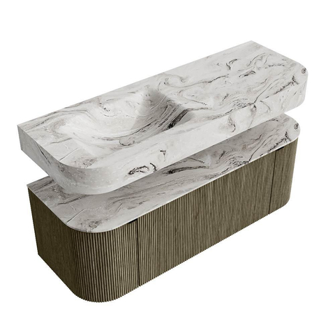 MONDIAZ THOR-DLUX 130cm badmeubel ronding links + rechts kleur Shadow met 1 lade en 2 deuren. Vrijhangende wastafel CLOUD Links 1 kraangat kleur Glace. SW1463742