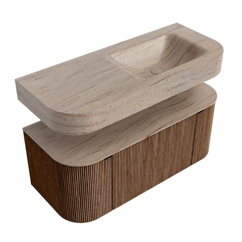 MONDIAZ THOR-DLUX 110cm badmeubel ronding links + rechts kleur Walnut met 1 lade en 2 deuren. Vrijhangende wastafel CLOUD Rechts zonder kraangat kleur Saba. SW1462995