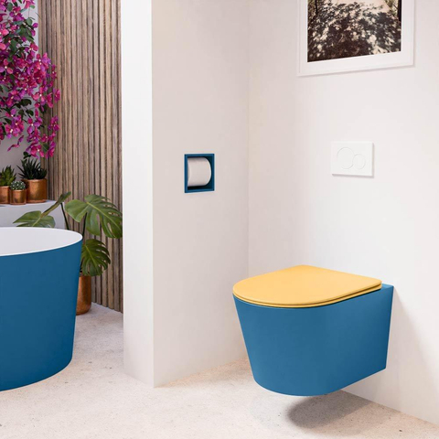 Mondiaz LAVIE hangtoilet – spoelrandloos – 36 x 53 cm – met softclose zitting – Jeans (blauw), zitting Ocher (geel) SW1208665