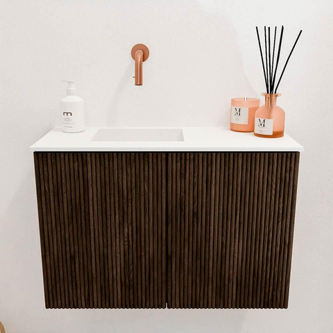 Mondiaz JOYA 60cm meuble de salle de bains - couleur Walnut - Vasque FAYE position Gauche Sans trou de robinet couleur Talc SW1421233