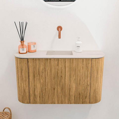 Mondiaz JOYA-DLUX 73.2cm meuble de toilette - arrondi gauche et droite couleur Chêne - Vasque FAYE position Milieu Sans trou de robinet couleur Meli. SW1423971